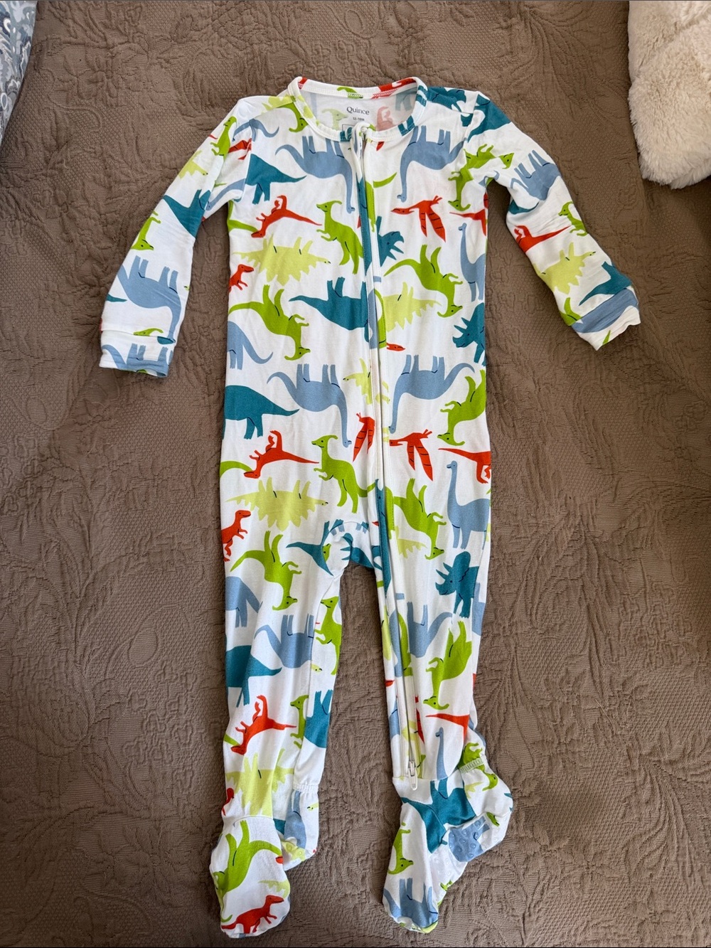 Quince Kids White Footed One-Piece with Colorful Dinosaur Print